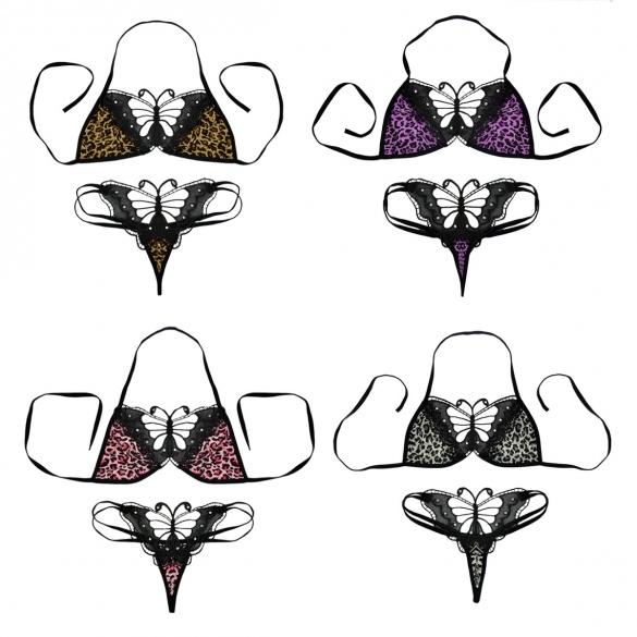 Women Halter Neck Butterfly Pattern Bikini Lingerie Nightwear + G-string Set