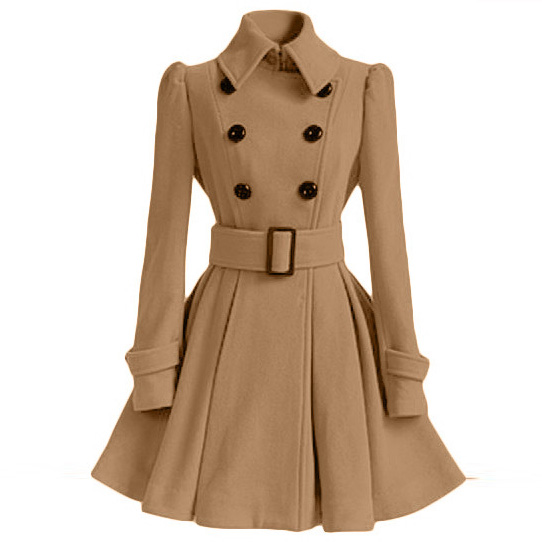 Flared Hem Turn-down Collar Slim Double Button Wool Coat With Belt（ct16880911006）
