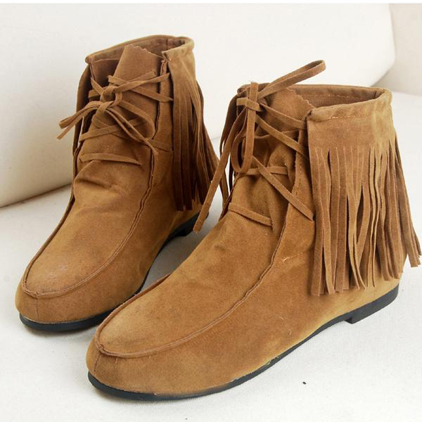 Tassel Lace Up Increased Flat Short Boots on Luulla