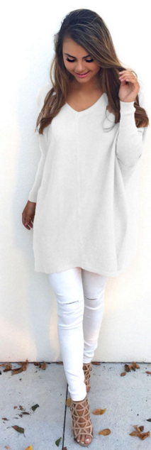 Solid V-neck Batwing Loose Long Pullover Sweater