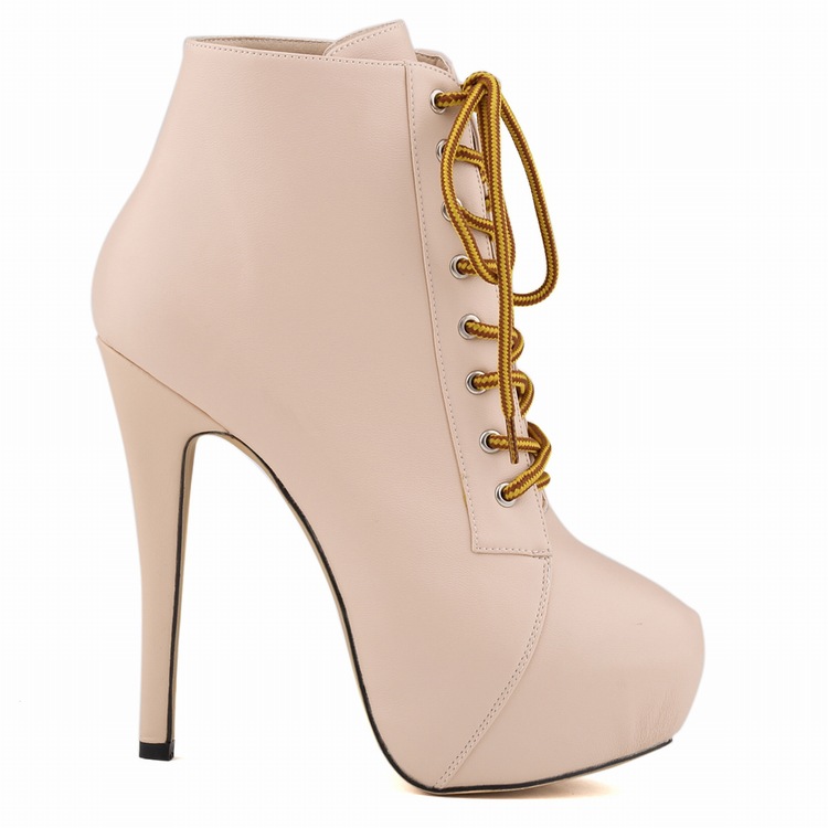 Nude Coloured Round Toe High Heel Ankle Boots With Laces