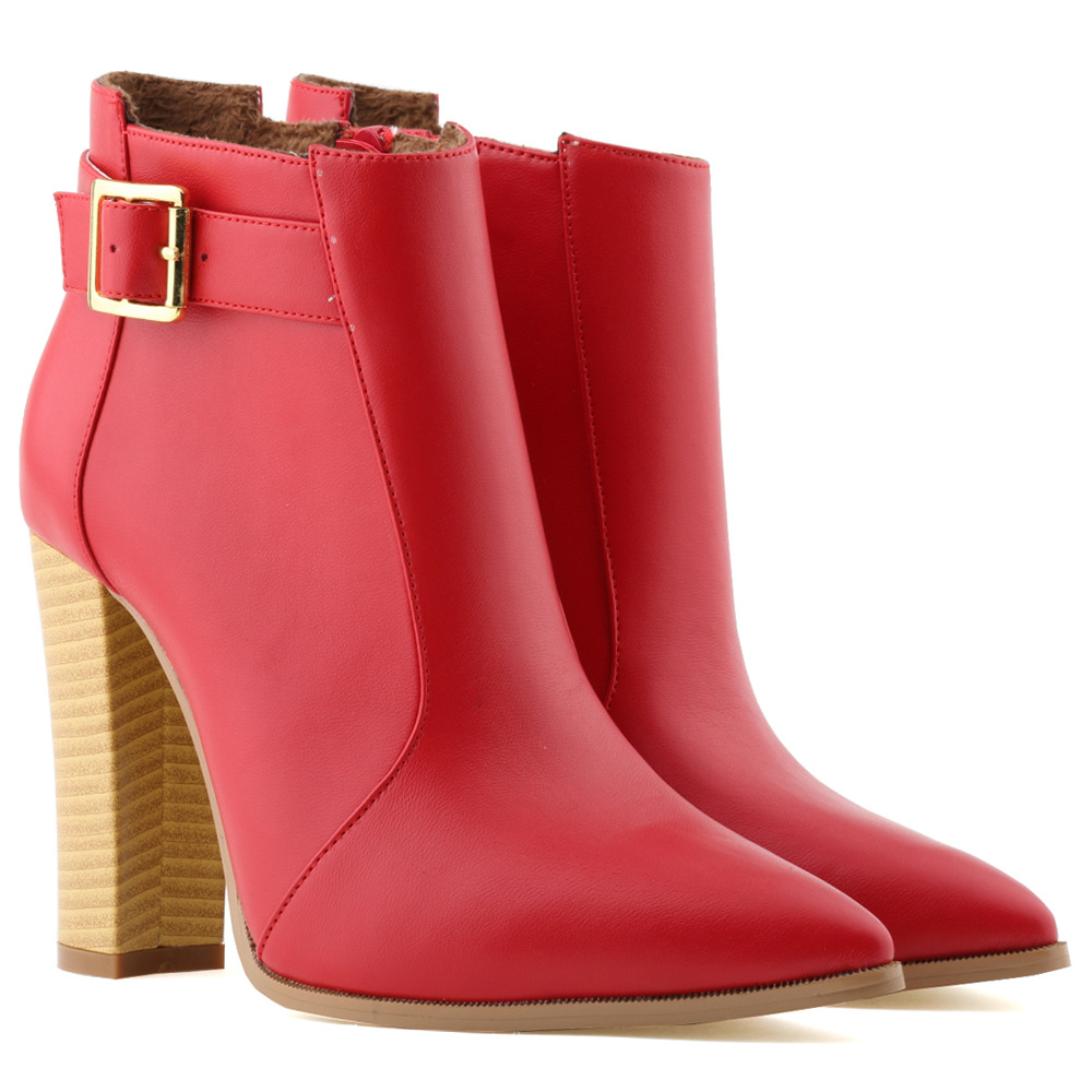 Red Pointed Toe Chunky Heel Ankle Boots With Buckle