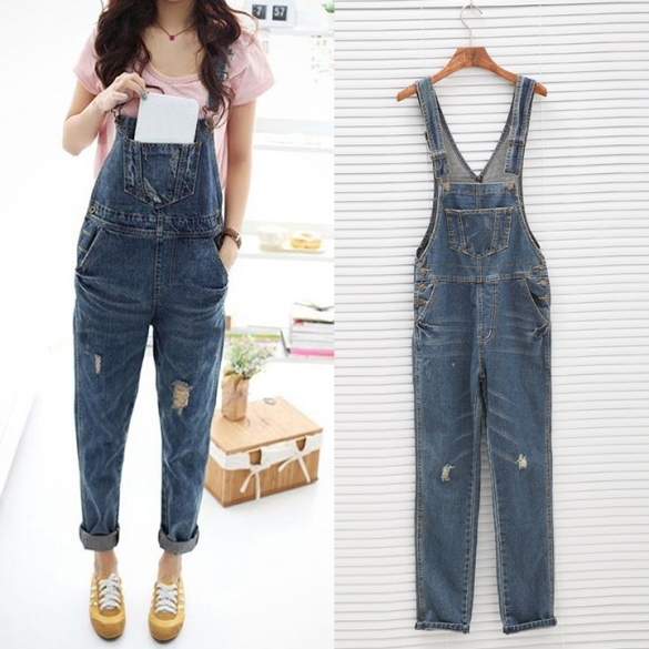 Women's Ladies Baggy Denim Jeans Full Length Pinafore Dungaree Overall Jumpsuit