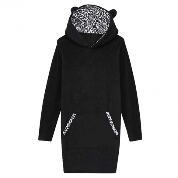 Women Ladies Splice Leopard Long Jacket Hooded Hoodies Coat Outwear