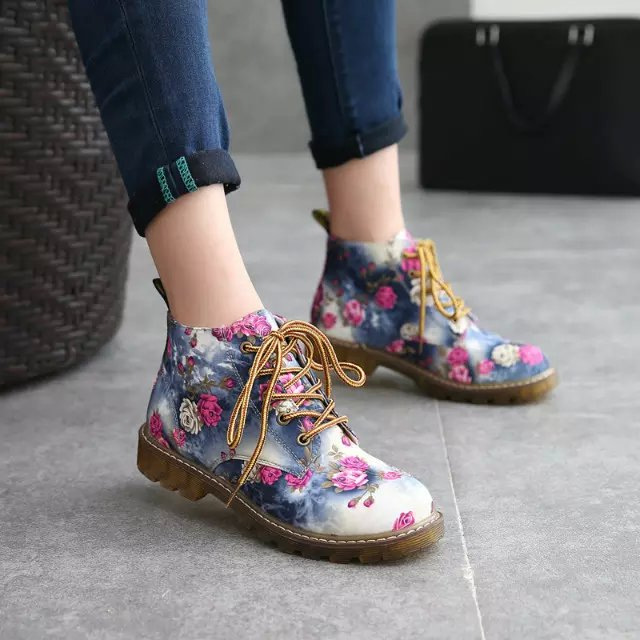 Rose Printed Lace-up Combat Boots