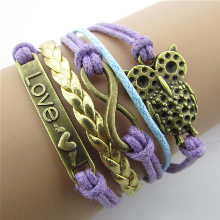 Romantic Owl Bright Hand-made Leather Cord Bracelet