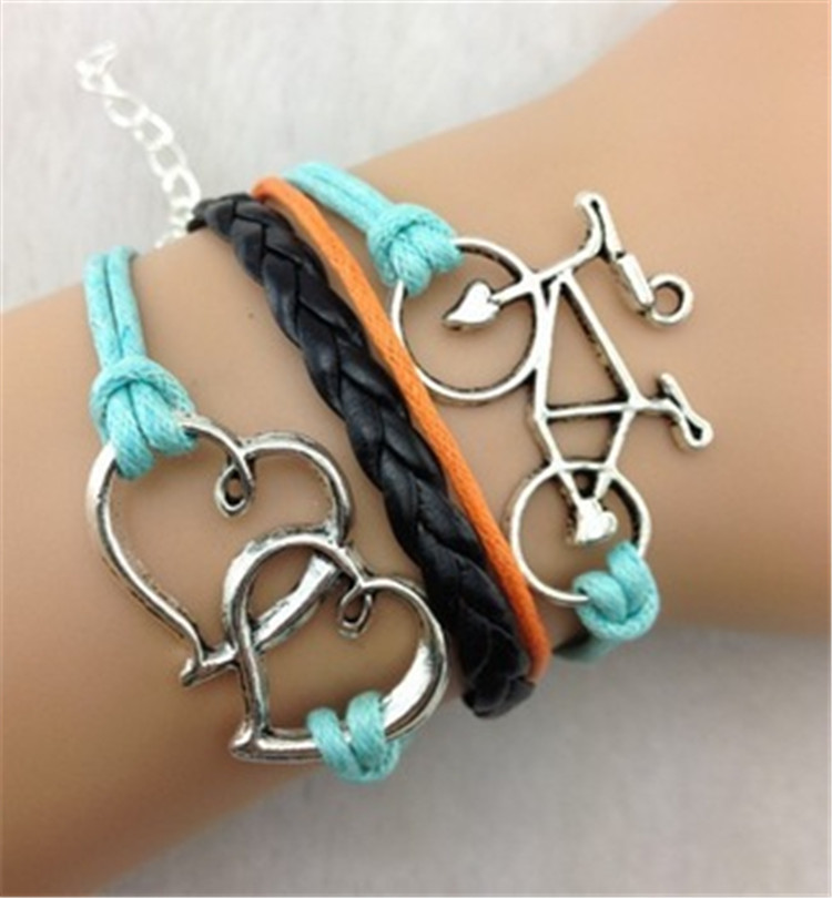 Double Heart Bicycle Multilayer Fashion Leather Bracelet