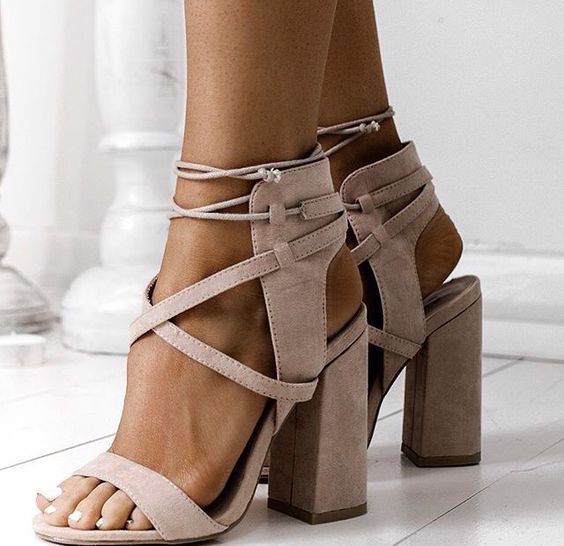 beige strappy block heels
