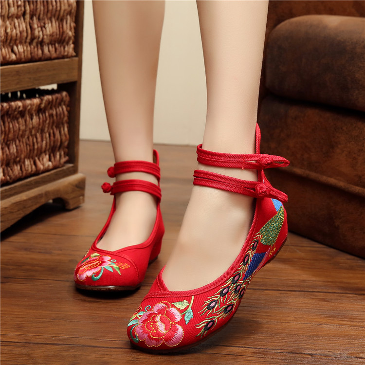 National Style Embroidered Ankle Strap Heel Shoes