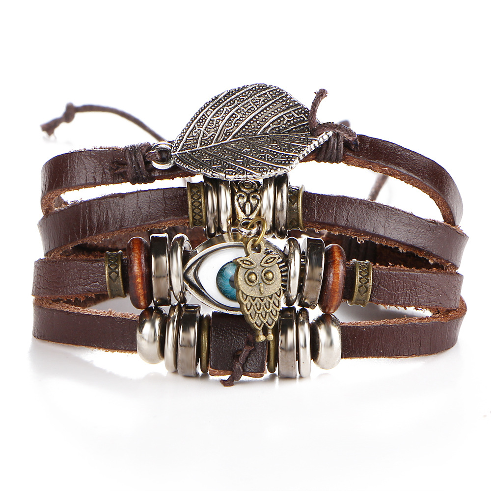 Leather Strap Multi Layer Bracelet With Evil Eye Charm, Owl And Leaf, Friendship Bracelet
