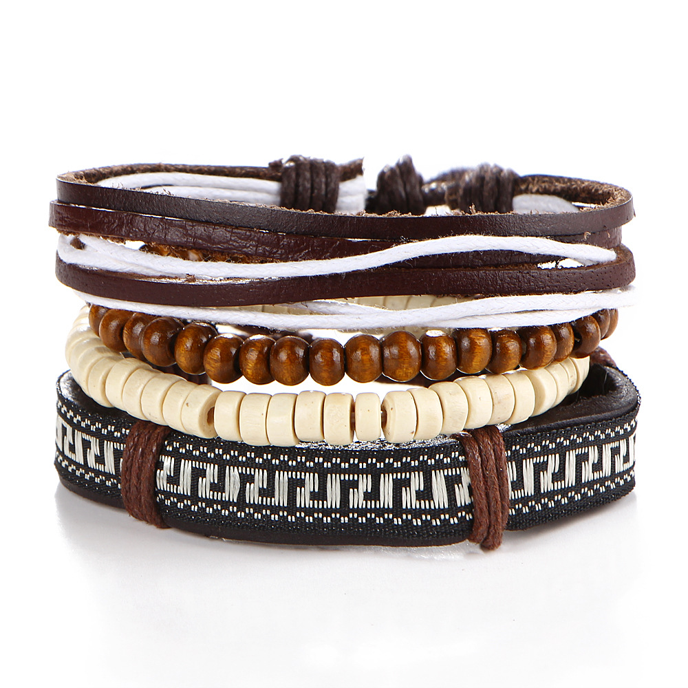 Embroidery Beaded Wooden Ball Leather Bracelet