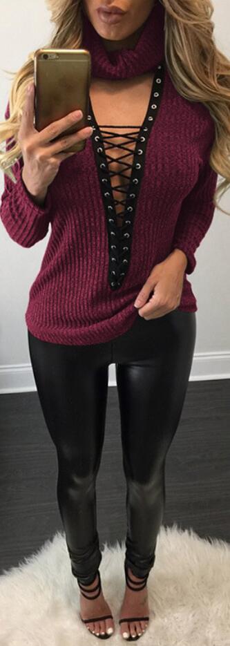 Knitted Turtleneck Long Sleeves Sweater Featuring Lace-up Accent Plunge V Cutout