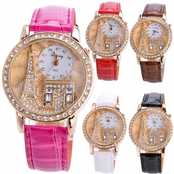 Women Rhinestone Luxury Watches Crystal Leather Tower Quartz Wrist Watch