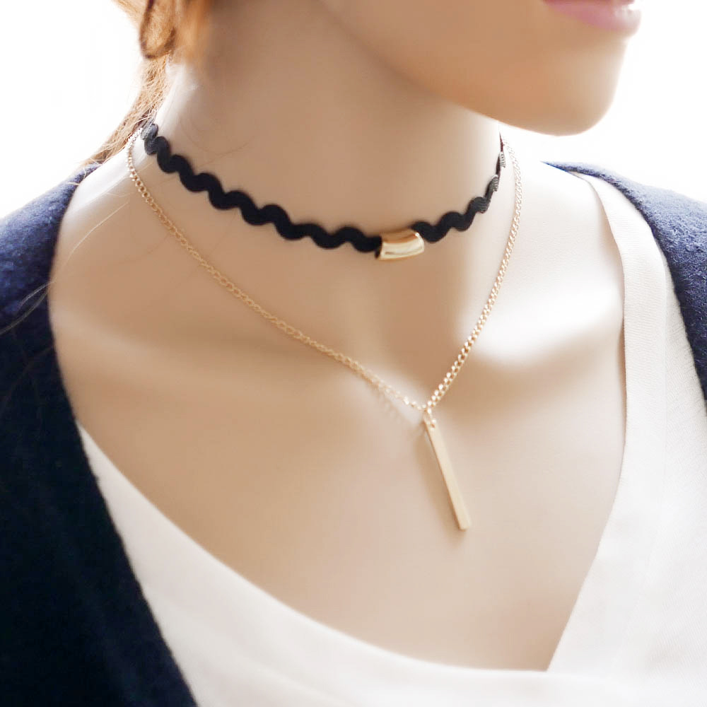 Vertical Gold Bar Double Layered Zig-zag Choker Necklace