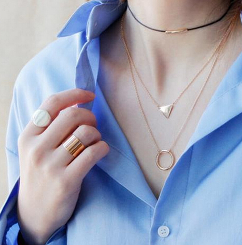 The Korean Simple Three Layer Short Triangular Ring Necklace
