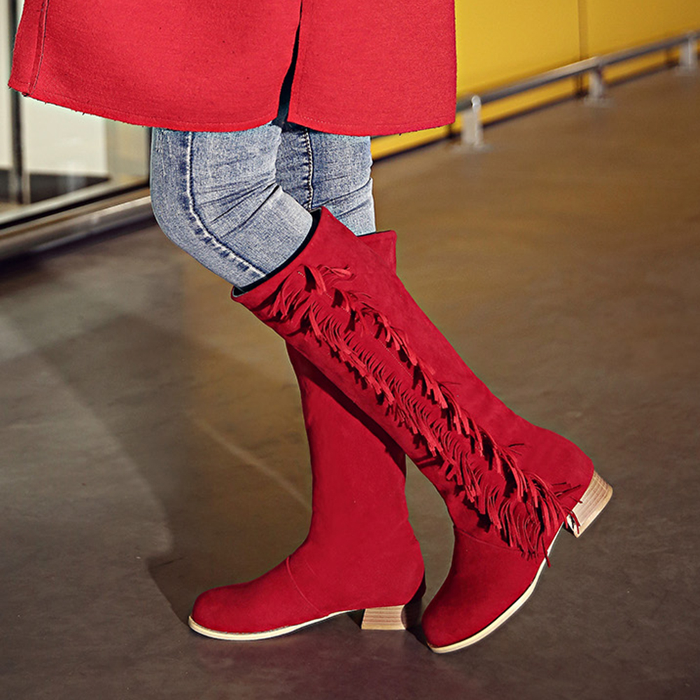 Round Head Tassels Chunky Heel High Boots on Luulla