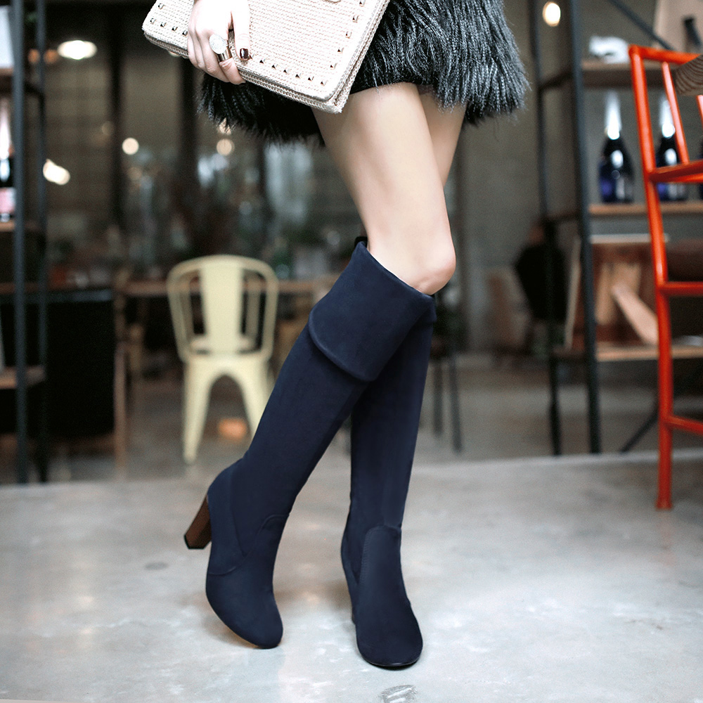 chunky heel high knee boots
