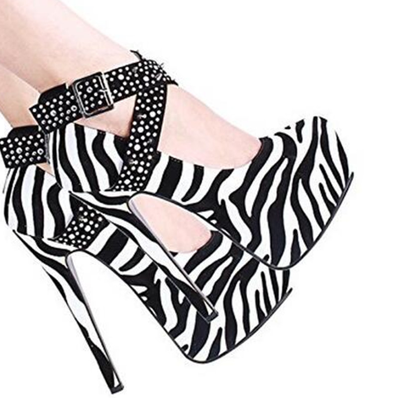 Rounded Toe Print Stiletto Pumps Featuring Criss-Cross Ankle Straps with Diamante Details