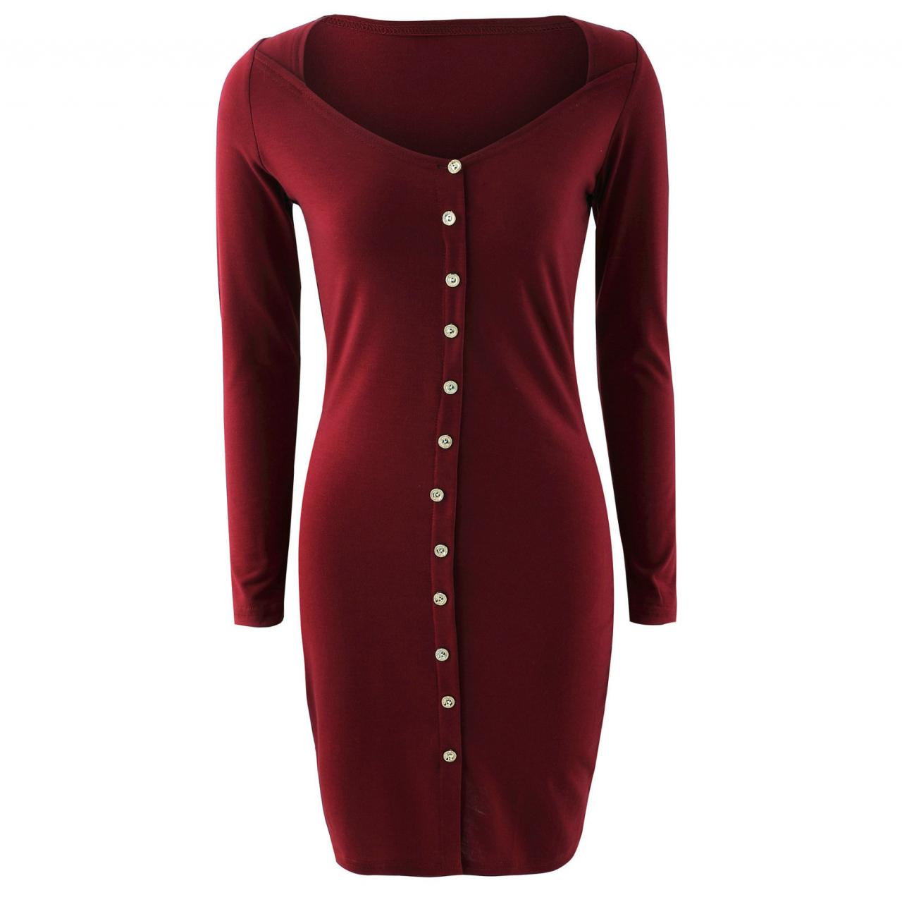 Sexy Front Button Square Neck Short Bodycon Dress on Luulla