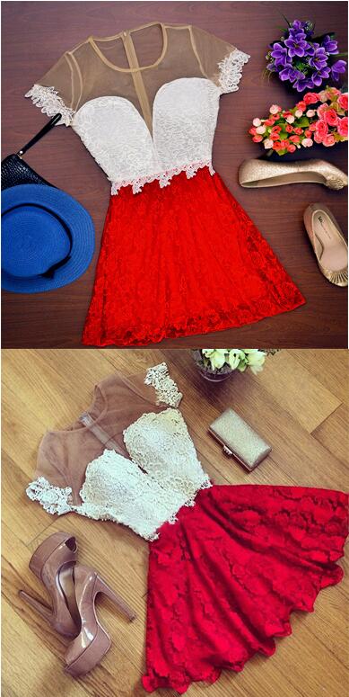 Sexy Red Lace Stitching Perspective Backless Short Dress