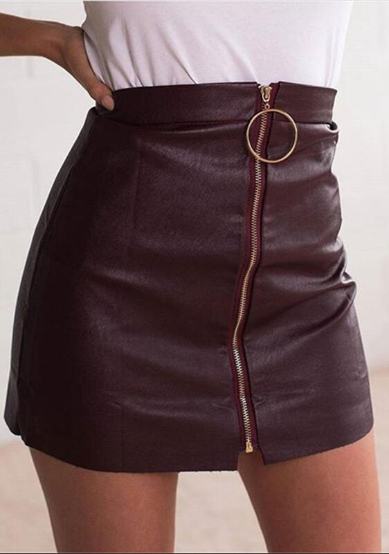 Ring Decorate Front Zipper Black Short Pu Skirt