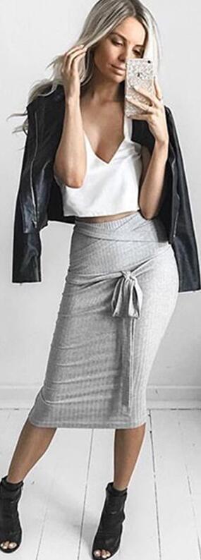 Fashion Bowknot Ribbed-knit Bodycon Long Skirt