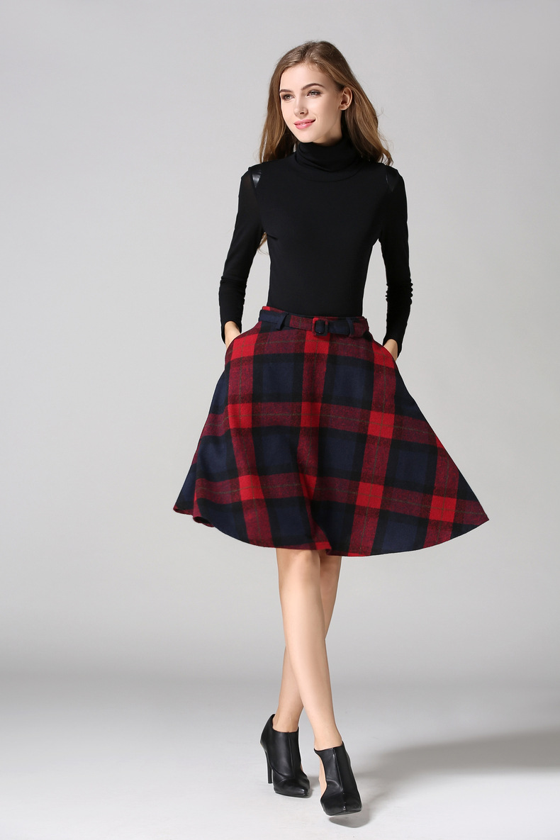 Retro Plaid Pattern High Waist Woolen Aline Skirt on Luulla