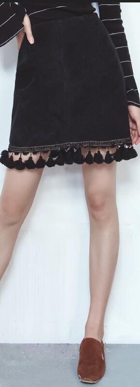 Black Corduroy High Waist A-line Short Tassel Skirt