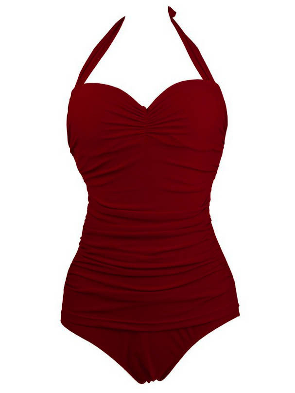 Halter Wrinkled Padded One Piece Swimwear on Luulla