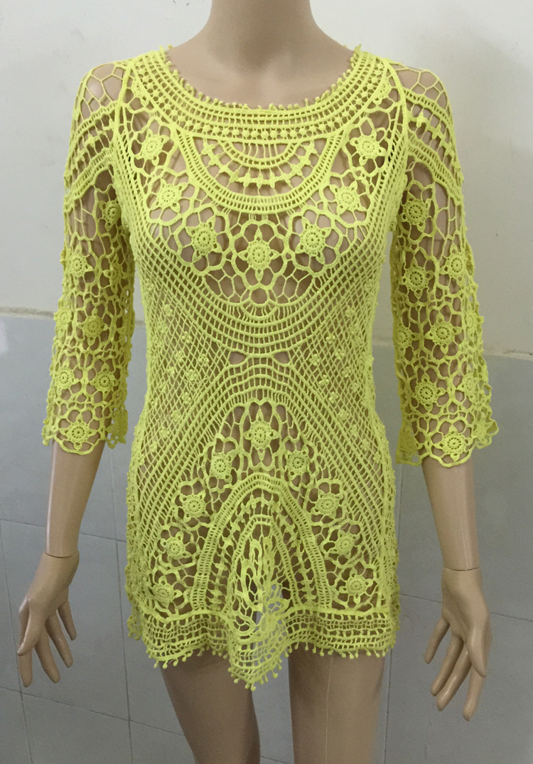 Pure Color Crocheting Lace Hollow Out Short Beach Cover Up Dress