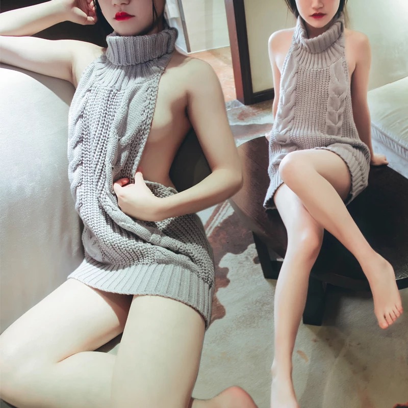 Sexy Fashion Backless Turtleneck Sleeveless Sweater Dress