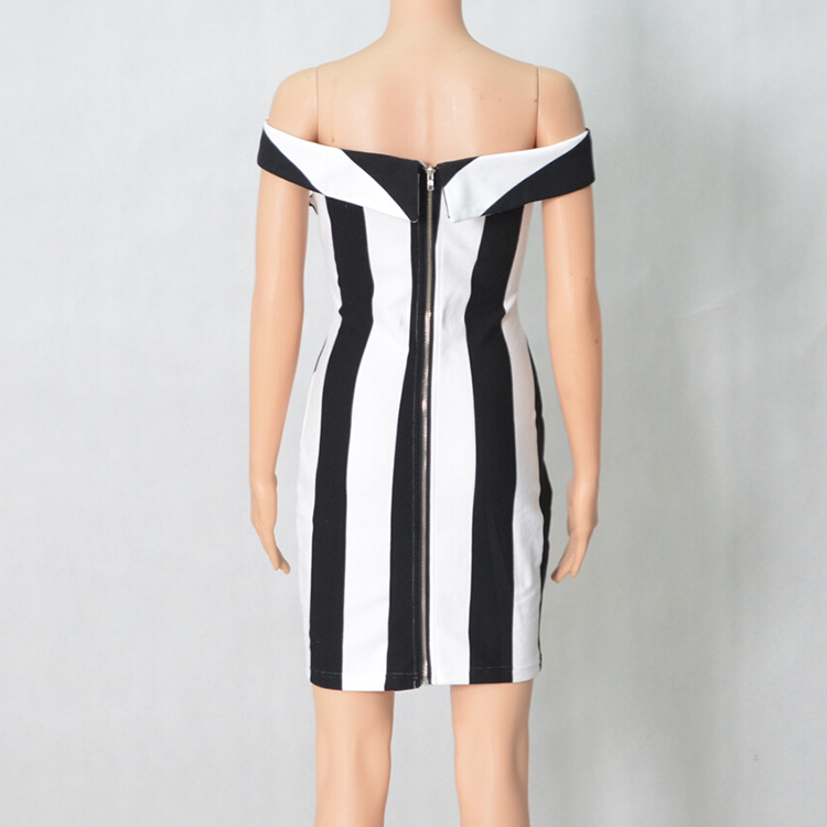 Sexy Black And White Vertical Stripes Off Shoulder Slim Package Hip Dress