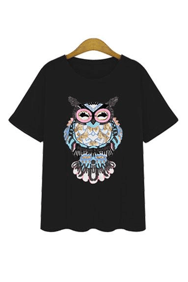 Fashion Sequins Embroidery Cotton Short Sleeve T-shirt