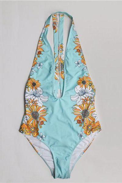 Deep V-Neck Sunflower Digital Printing One Pieces Swimwear