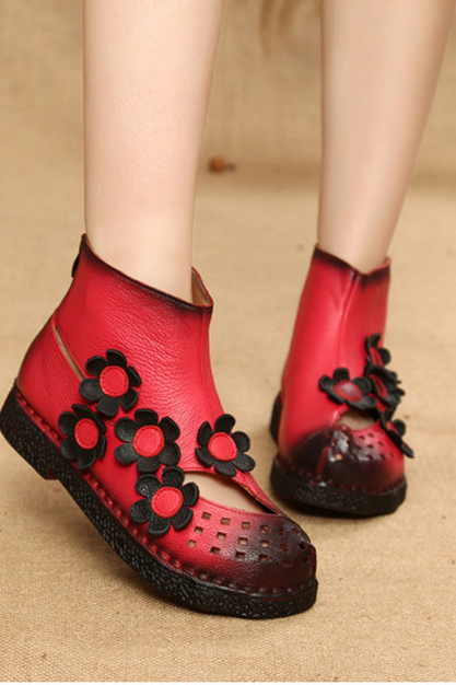 Socofy Breathable Hollow Out Leather Floral Vintage Flat Ankle Boots