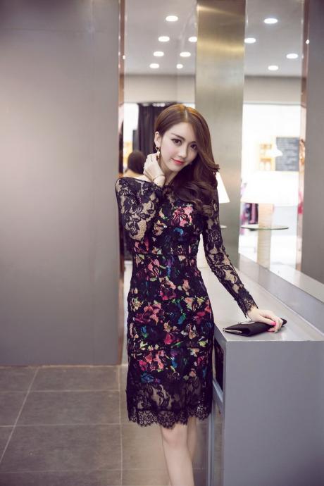 Sexy Round Collar Backless Long Sleeve Lace Dress