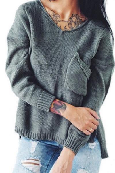Pure Color V-neck Pocket Loose Long Sleeves Regular Sweater