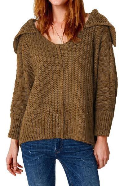 Lapel Pure Color Long Sleeves Irregular V-neck Regular Sweater