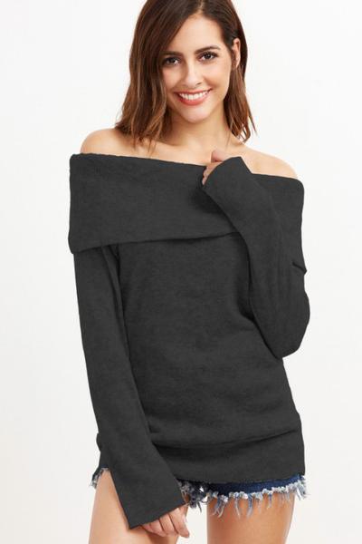 Pure Color Long Sleeves Off Shoulder Sweater