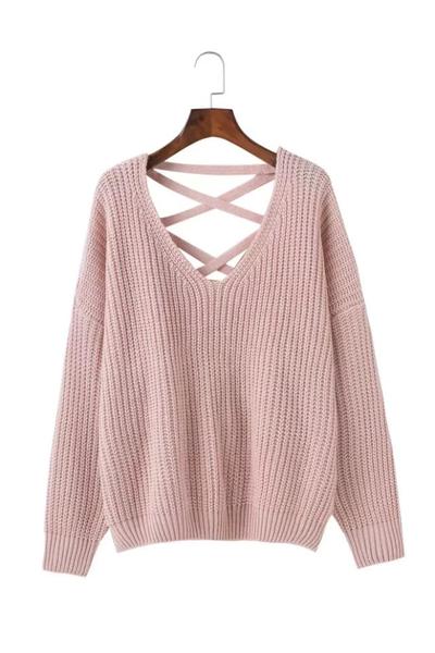 Deep V-neck Pure Color Back Straps Cross Pullover Sweater