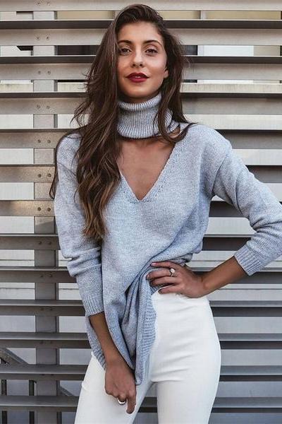 Halter High V-neck Cut Out Loose Long Sweater