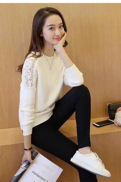 Long Sleeves Pure Color Scoop Lace Regular Sweater