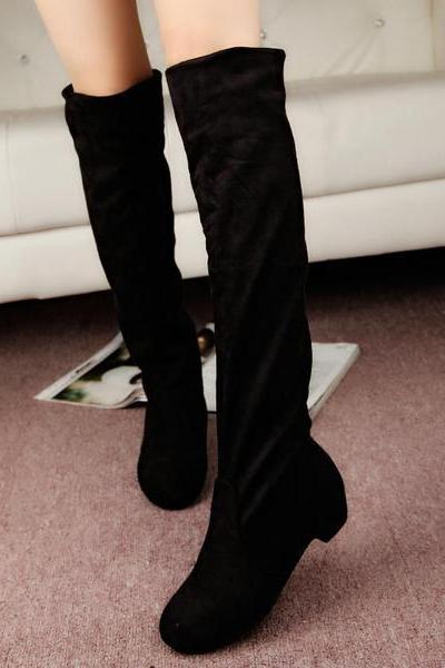 Faux Suede Rounded-Toe Knee High Boots 