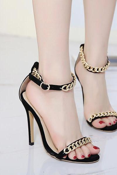 Stiletto Heel Peep-toe Metal Chain Decorate Ankle Strap High Heel Sandals