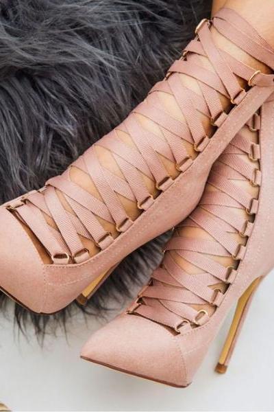 Suede Pointed-toe Lace-up Stiletto High Heels With Back Zipper
