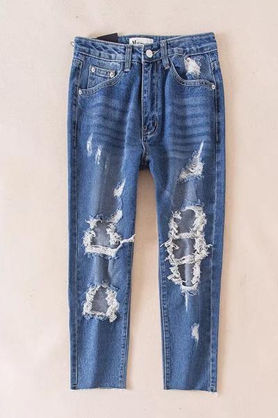 Rough Holes Zipper Slim Long Pants Jeans