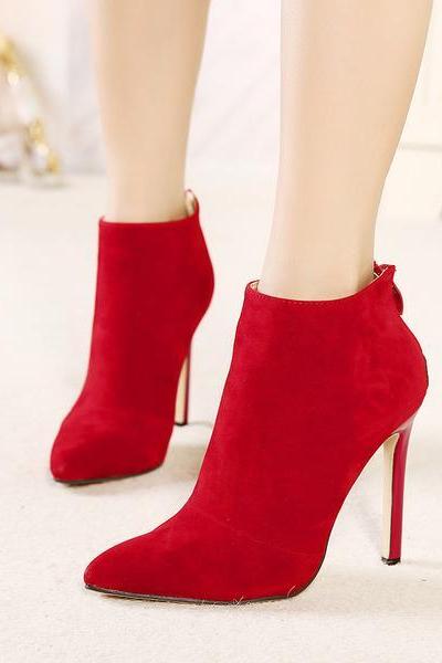 Pointed-Toe High Heel Ankle Boots Featuring Back Zipper in Faux Suede or Faux Leather