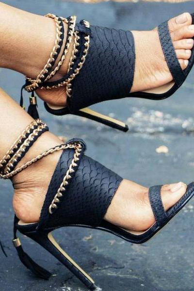 Gold Chain Decorate Tassels Platform Stiletto Heels High Sandals