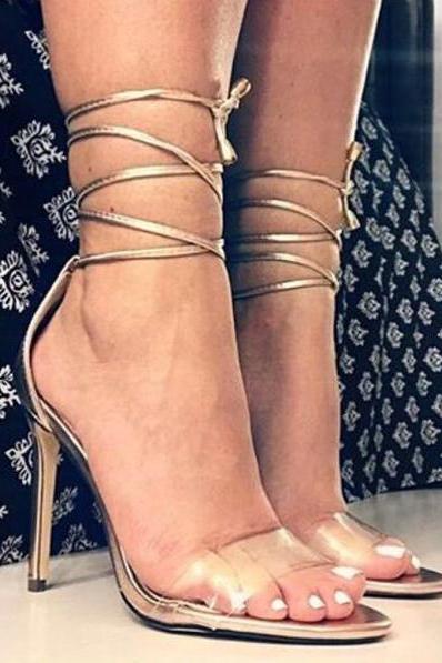 Transparent Peep-toe Ankle Wraps Lace Up Stiletto Heels Sandals Party Shoes