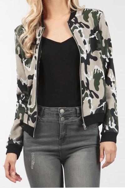 Camouflage Print Zipper Stand Collar Short Coat Jacket